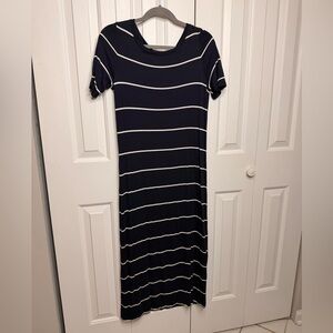 LOFT Petites Navy and White Striped Maxi Dress